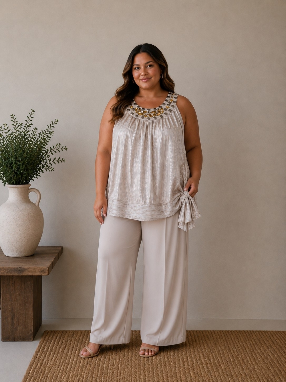 Halo Cream-Beige Wide-Leg Pants with Embellished Sleeveless Top